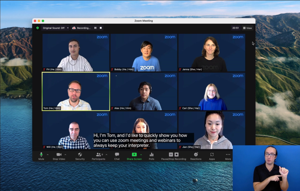 Captura de tela de reunião on-line com diversos participantes e um intérprete de Libras no canto inferior direito. Acessibilidade em eventos.