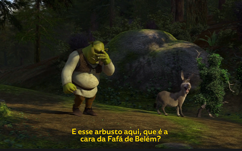 Imagem capturada do filme animado "Shrek", que mostra os dois personagens principais Shrek e Burro apontando para um arbusto, com a legenda "E esse arbusto aqui, que é a cara da Fafá de Belém?"